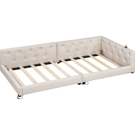 Polsterbett 90x200 cm aus Leinen in Beige mit LED, USB-C und Lattenrost (1/5)