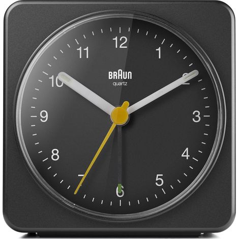 Braun Orologio Sveglia Analogico Classico Funzione Snooze e Luce, Movimento Continuo Silenzioso, Suono Sveglia Beep con crescendo, colore nero, modello BC03B. (1/5)