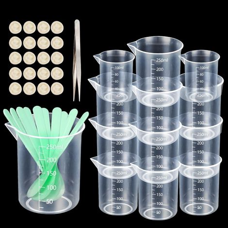 Lot de 8 tasses à mélanger en résine de 250 ml et 2 tasses à mesurer de 100 ml avec bâtonnet, pince à épiler pointue, gants de doigt, tasses à mesurer graduées en plastique époxy pour résine, moules (1/5)