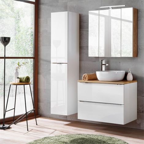Badmöbel Set mit Keramik-Aufsatzwaschbecken TOSKANA-56 Hochglanz weiß & Wotaneiche BxHxT ca. B/H/T: 135/190/46cm (1/5)