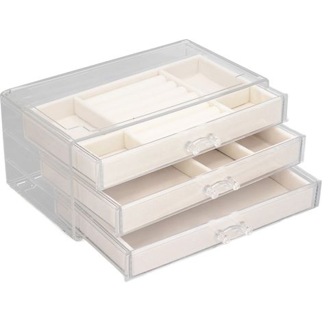 Beigefarbener Schmuckorganizer aus transparentem Acryl mit Schublade, Aufbewahrungsbox für Ohrringe und Halsketten auf dem Schreibtisch.