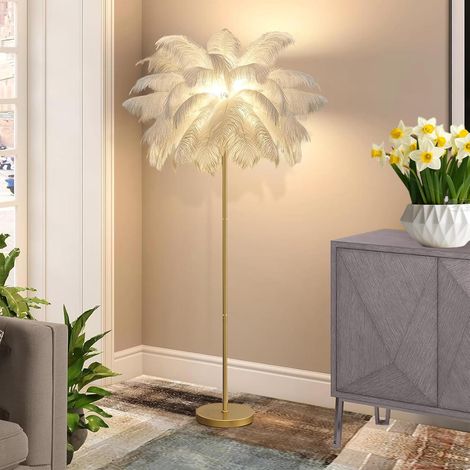 Modern Feather Lamp, Natural Ostrich Feather Floor Lamp, Height 160cm, 3 Colors Dimmable, for Living Room, Reading Home, Bedroom (White) (1/5)