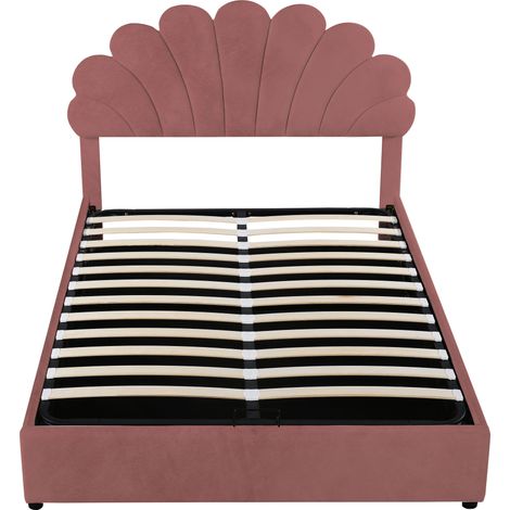 Letto imbottito 140 x 200 cm in velluto rosa con testiera floreale e contenitore (1/5)