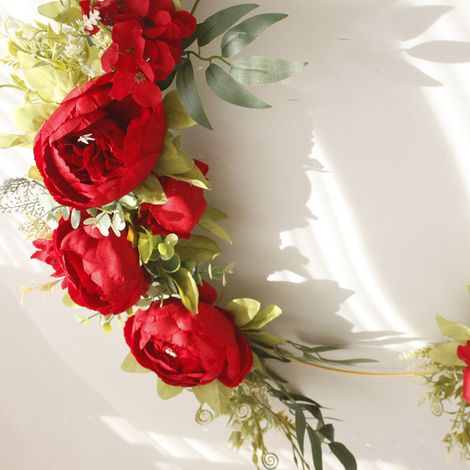 Couronne de pivoines artificielles rouges en soie, diamètre du cercle en fer 40 cm, diamètre extérieur 50 cm (43x40x5, 320) (1/5)
