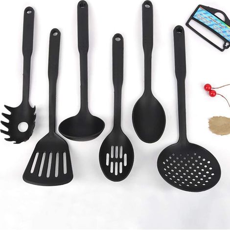 Ensemble de 6 ustensiles de cuisine, spatules et cuillères en silicone noir résistant à la chaleur pour poêles antiadhésives (1/5)