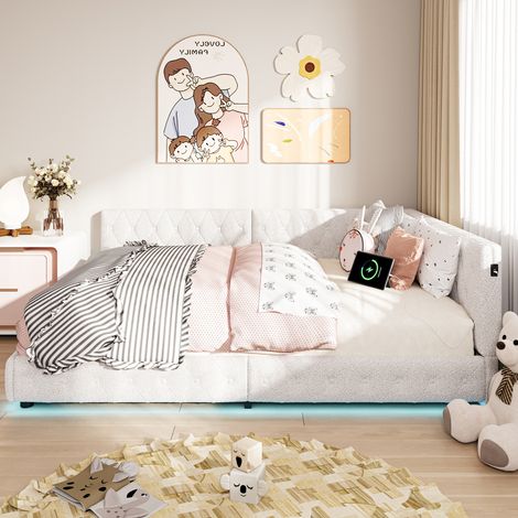 White Teddy Fleece L-Shaped Small Double Bed Frame 135x190cm, LED & USB Charging, Heavy Duty 500kg for Modern Kids Bedroom