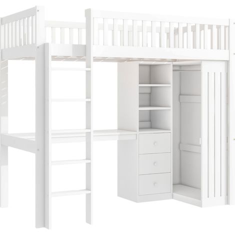 Letto a soppalco 90 x 200 cm bianco con scrivania, armadio, 3 cassetti e scala (1/5)