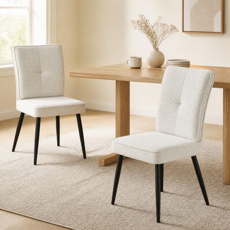 Lote de 2 sillas de comedor de chenilla y metal, con respaldo y patas de metal, blanco crema (1/5)