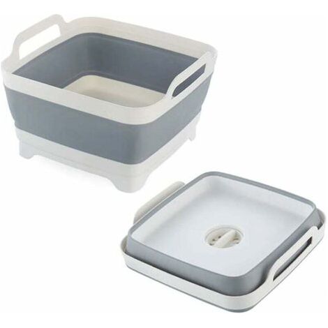 Bassine Pliable, Lavabo Pliable avec Bouchon de Vidange et Poignées de Transport, Grande Capacité de 9L, évier de Camping-Car pour Légumes, Fruits, Aliments, Lessive (Gris)