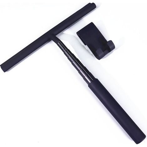 Raclette de douche rétractable noire – adaptée aux portes en verre et aux parois de douche carrelées – fournie avec des crochets à ventouse. (1/5)
