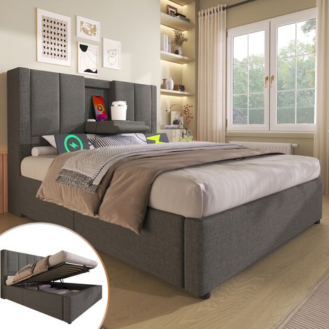 Lit coffre 90x200 cm avec matelas, chargeur USB et porte-gobelet caché, gris HAVRYA (1/5)