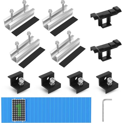 Kit Fixation Panneau Solaire pour 1 Module, Support Montage PV, Rail 12 CM, Clips de Drainage d'eau 30 MM, Pince Réglable pour Modules de 30 à 35 mm d'épaisseur-Pour toit plat,trapézoïdal (1/5)