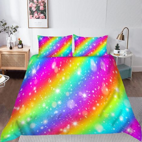 Bettwäsche-Set 3-teilig für Kinder Mädchen, Regenbogen Galaxie Sterne, 200x200 cm