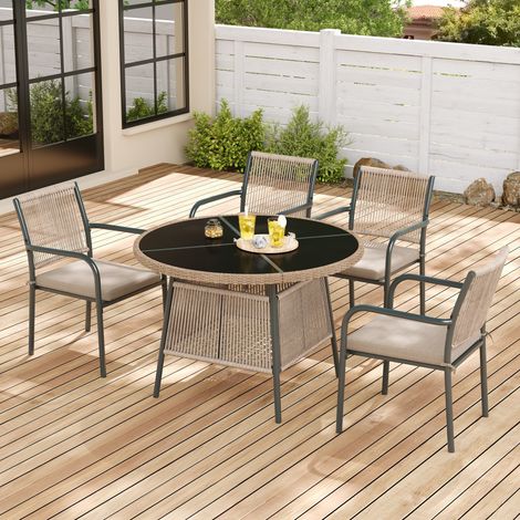Ensemble table et chaises de jardin en rotin pour 4 personnes - Table ronde en verre + 4 fauteuils - Structure en fer - Gris (1/5)