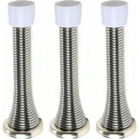 Verchromter, wandmontierter, federbelasteter Türstopper mit Federanschlag zur Fixierung des Sockels. (1/4)