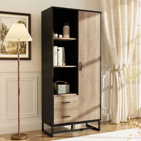 Aparador alto 80x40x180 cm en MDF madera y negro, con almacenaje, moderno FloraGrace (1/5)