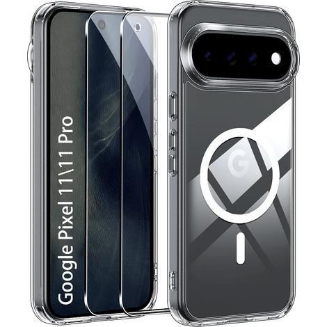 Magnétique Coque pour Google Pixel 11/ Pixel 11 Pro 5G avec Verre Trempé Protection écran, Compatible MagSafe,Hautement Transparent et résistant, Anti-Rayures PC Etui -Transparent (1/5)