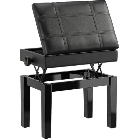 Sgabello per Pianoforte con Altezza Regolabile e Contenitore in Legno e Finta Pelle, 63x35x46-56cm, Nero (1/3)