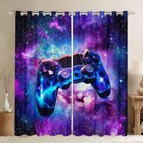 Manette de Jeu Lot de 2 Rideau Occultant Court 140x160 (lxH) Gaming Rideaux Salon Moderne Galaxy Ciel étoilé Rideau Opaque à Oeillets Rideau Isolant Thermique Anti Froid pour Petite Fenetre - 140L X 1 (1/5)