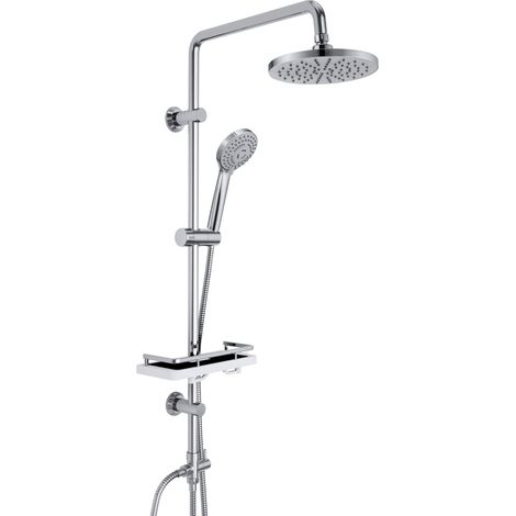 Colonne de douche sans robinetterie, acier inoxydable système de douche avec barre de douche réglable hauteur, pommeau pluie ABS 20 cm et étagère, Chromée (1/5)