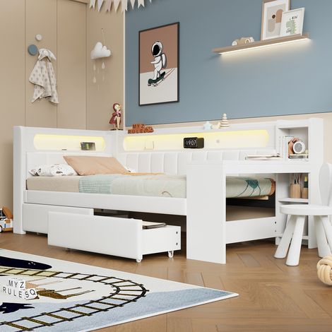 Lit enfant 90x200 cm, avec port USB et bande lumineuse LED, comprenant un bureau et deux tiroirs, blanc (sans matelas) (1/5)