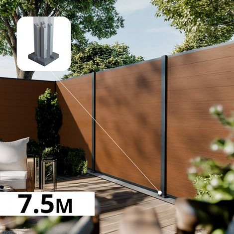 Kit Clôture Composite CRUZ Teck 7,5x1,8m - Bois composite & Aluminium - Poteaux sur Platines Gris - Brise vue - Palissade