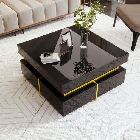 Couchtisch 70x70x35.5 cm Schwarz Spanplatte Hochglanz mit 2 Schubladen und goldfarbenen Akzenten (1/5)