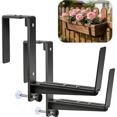 Set of 2 Heavy Duty Balcony Planter Brackets Reinforced Metal Balcony Planter Stand, Adjustable Flower Pot Holder for Railing, Terrace and Fence, Black (1/5)
