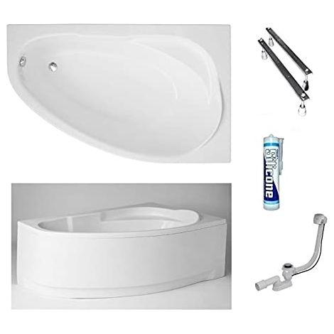 ECOLAM Baignoire d'angle acrylique Marea Polimat 150x100 cm droit, pieds, siphon, silicone, tablier en acrylique. Belle forme Aspect moderne. Baignoire acrylique blanc (1/5)
