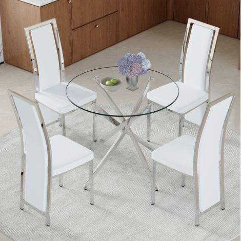 Conjunto de comedor redondo 88 cm de vidrio templado con 4 sillas PU blanco y metal (1/5)
