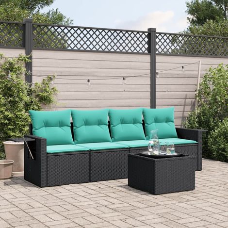 5-teiliges Gartensofa-Set mit Kissen, schwarzes Polyrattan