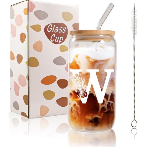 Tasse à café glacé personnalisable avec initiale A-Z pour femme, 500 ml – Tasse à café glacé pour maman, amis et sœurs, homme, papa, tasse à café glacé avec couvercles et pailles (W) (1/5)