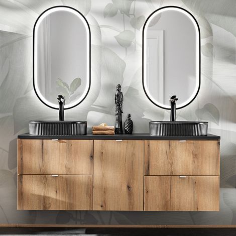 Badmöbel Set 3-teilig, 160cm Doppelwaschtisch, in Eiche und schwarz, NEWPORT-56-OAK (1/5)