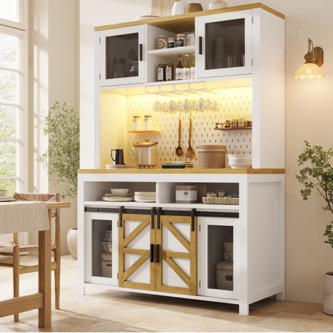 Armadio cucina alto 120/40/174,5 cm bianco con LED, presa USB e porte scorrevoli e battenti (1/5)
