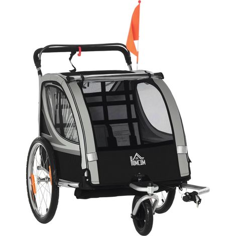 Remorque vélo enfant, à pousser, avec freins, pliable, pour 2 enfants, gris/noir