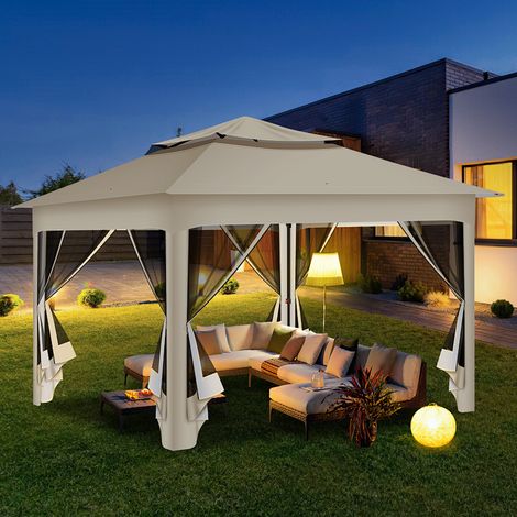Randaco Gazebo da giardino pieghevole per esterni 3,3 × 3,3 m con zanzariera removibile e protezione UV – Beige