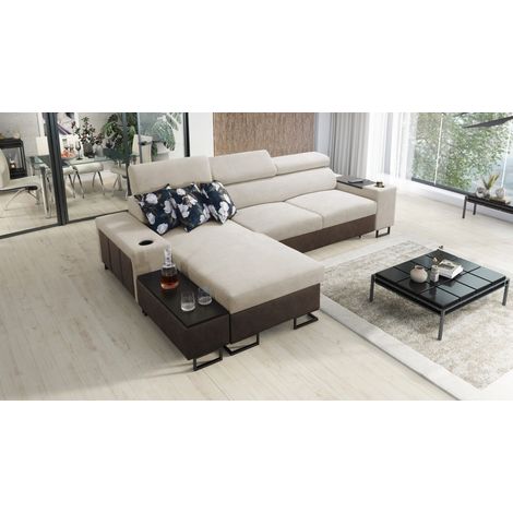 Luxuriöses, komfortables, modernes Ecksofa MELODY I MAXI mit Usb und Regal Tauro/Freya Braun/Beige L (1/5)