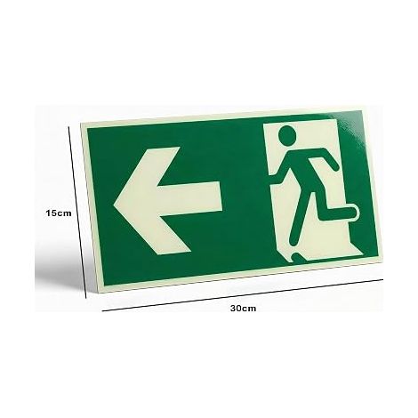 Emergency Exit Sign Photoluminescent Left Arrow This 2 mm solid aluminium panel with adhesive is photoluminescent DIN 67510 and ISO 7010 certified. (1/4)