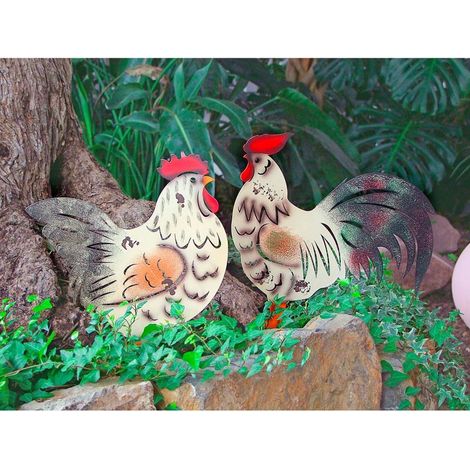 Metall-Gartenstecker Hahn Beetstecker Gartenfigur Gartendeko 36x35cm Gockel bunt