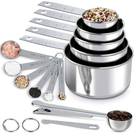 Lot de 13 gobelets gradués et cuillères à mesurer empilables en acier inoxydable avec niveleur et pince à café, gadgets de cuisine pour la cuisine et la pâtisserie (1/5)