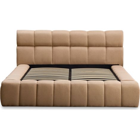 Cotecosy – Lit-coffre 140x190cm avec sommier relevable – Tête de lit matelassée – Cadre large en tissu beige – Espace de rangement intégré (1/4)