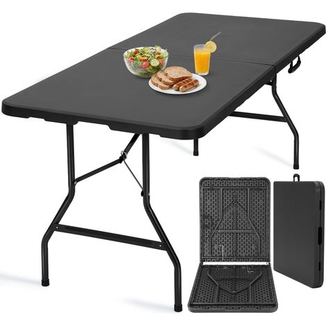 Velway Table Pliante Jardin Camping - Structure Acier Robuste Plateau Facile Nettoyer - Noir