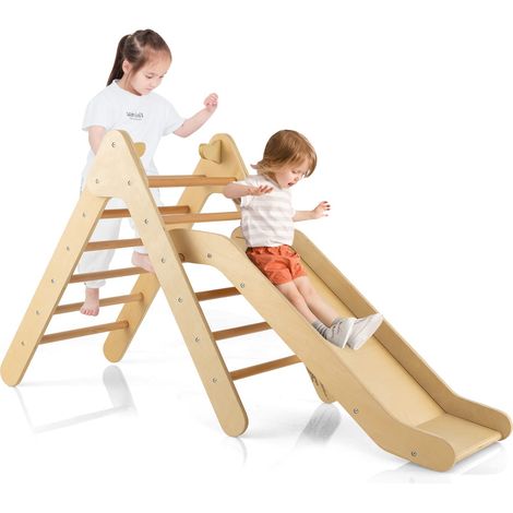 Triangolo da arrampicata in legno 2 in 1 con scivolo, scala da arrampicata con altezza regolabile, struttura robusta, carico 60 kg per bambini 1 anno+ (1/5)