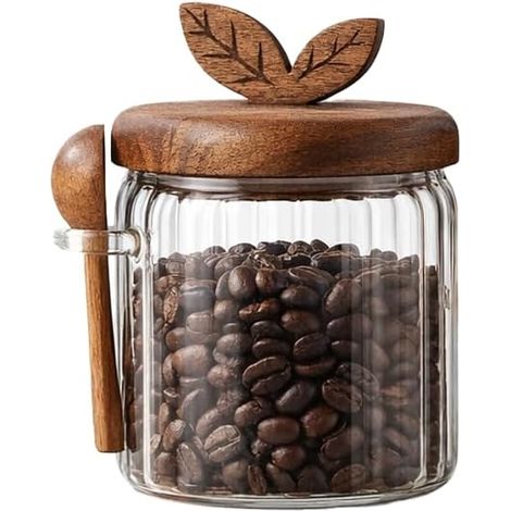 Barattolo in vetro per caffè con coperchio in legno e cucchiaino, contenitore ermetico per conservare caffè, zucchero, sale, tè e snack (500 ml)