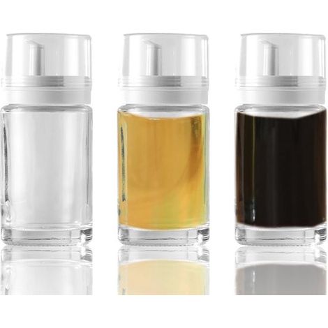 Juego de 3 botellas pequeñas de vidrio para la cocina: a prueba de fugas, antigoteo y libres de BPA. (1/5)