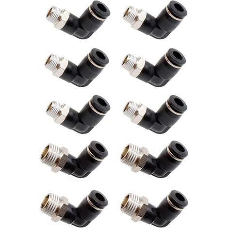 10 Pièces Connecteurs Pneumatiques, Raccords Rapides à Filetage Mâle, Noir Coude Pneumatique Connecteur(6mm, 1/4") (1/5)