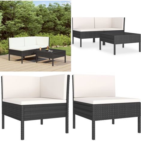 3-tlg. Garten-Lounge-Set mit Auflagen Poly Rattan Schwarz - Gartengestell - Loungeset - Gartenmöbel - Outdoormöbel - Rattanmöbel - Home & Living (1/5)