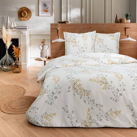 Parure de lit 2 personnes satin de coton motif feuillage 260x240cm (1/5)