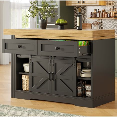 Îlot de cuisine avec table extensible 120-197 cm, panneau rotatif 360°, noir DESVIAE (1/5)