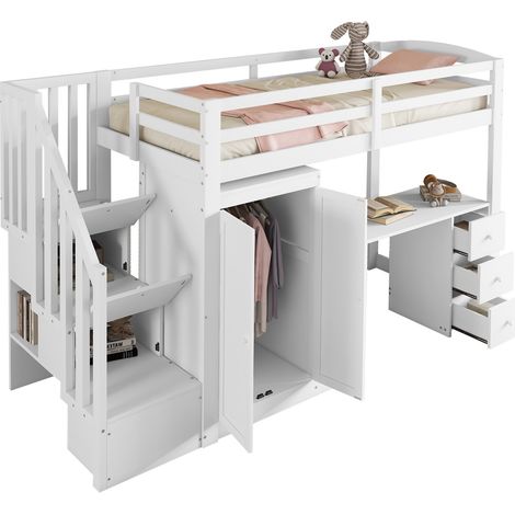 Lit mezzanine 90x200 cm en pin massif et MDF blanc avec bureau, armoire, tiroirs, escalier de rangement et sommier à lattes (1/5)